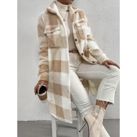Womens Elegant Plaid Faux Fur Long Sleeve Teddy Coat - Soft Polyester Knit Fabric, Button Front, No Elasticity, Fall/Winter Outerwear for Adult - Chic and Cozy Open Front Design
