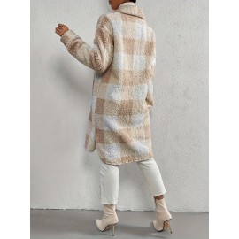 Womens Elegant Plaid Faux Fur Long Sleeve Teddy Coat - Soft Polyester Knit Fabric, Button Front, No Elasticity, Fall/Winter Outerwear for Adult - Chic and Cozy Open Front Design