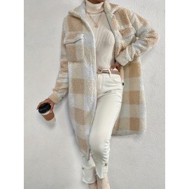 Womens Elegant Plaid Faux Fur Long Sleeve Teddy Coat - Soft Polyester Knit Fabric, Button Front, No Elasticity, Fall/Winter Outerwear for Adult - Chic and Cozy Open Front Design