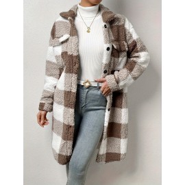 Womens Elegant Plaid Faux Fur Long Sleeve Teddy Coat - Soft Polyester Knit Fabric, Button Front, No Elasticity, Fall/Winter Outerwear for Adult - Chic and Cozy Open Front Design