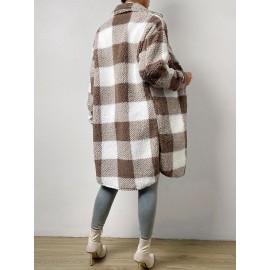 Womens Elegant Plaid Faux Fur Long Sleeve Teddy Coat - Soft Polyester Knit Fabric, Button Front, No Elasticity, Fall/Winter Outerwear for Adult - Chic and Cozy Open Front Design