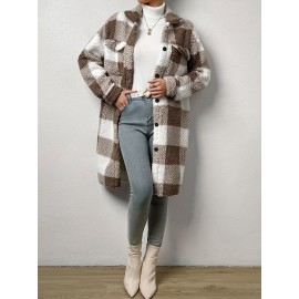 Womens Elegant Plaid Faux Fur Long Sleeve Teddy Coat - Soft Polyester Knit Fabric, Button Front, No Elasticity, Fall/Winter Outerwear for Adult - Chic and Cozy Open Front Design