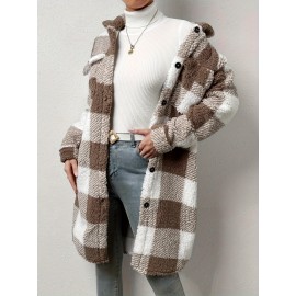 Womens Elegant Plaid Faux Fur Long Sleeve Teddy Coat - Soft Polyester Knit Fabric, Button Front, No Elasticity, Fall/Winter Outerwear for Adult - Chic and Cozy Open Front Design