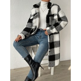 Womens Elegant Plaid Faux Fur Long Sleeve Teddy Coat - Soft Polyester Knit Fabric, Button Front, No Elasticity, Fall/Winter Outerwear for Adult - Chic and Cozy Open Front Design