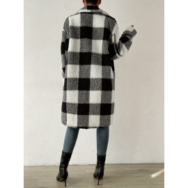 Womens Elegant Plaid Faux Fur Long Sleeve Teddy Coat - Soft Polyester Knit Fabric, Button Front, No Elasticity, Fall/Winter Outerwear for Adult - Chic and Cozy Open Front Design