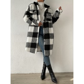 Womens Elegant Plaid Faux Fur Long Sleeve Teddy Coat - Soft Polyester Knit Fabric, Button Front, No Elasticity, Fall/Winter Outerwear for Adult - Chic and Cozy Open Front Design
