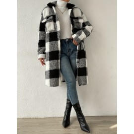 Womens Elegant Plaid Faux Fur Long Sleeve Teddy Coat - Soft Polyester Knit Fabric, Button Front, No Elasticity, Fall/Winter Outerwear for Adult - Chic and Cozy Open Front Design