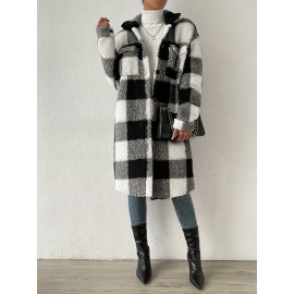 Womens Elegant Plaid Faux Fur Long Sleeve Teddy Coat - Soft Polyester Knit Fabric, Button Front, No Elasticity, Fall/Winter Outerwear for Adult - Chic and Cozy Open Front Design