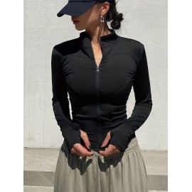 Womens Chic Zipper Front Slim Fit Top - Soft Stretch Mock Neck Long Sleeve - Versatile Seasonal Wardrobe Staple for Spring & Fall