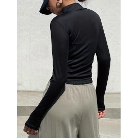 Womens Chic Zipper Front Slim Fit Top - Soft Stretch Mock Neck Long Sleeve - Versatile Seasonal Wardrobe Staple for Spring & Fall