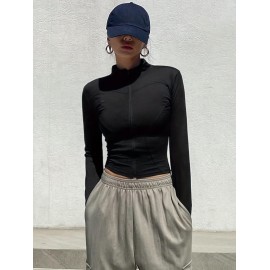 Womens Chic Zipper Front Slim Fit Top - Soft Stretch Mock Neck Long Sleeve - Versatile Seasonal Wardrobe Staple for Spring & Fall