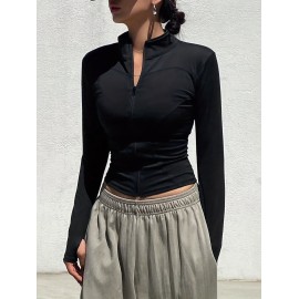 Womens Chic Zipper Front Slim Fit Top - Soft Stretch Mock Neck Long Sleeve - Versatile Seasonal Wardrobe Staple for Spring & Fall