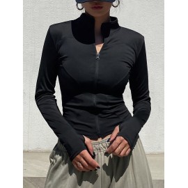 Womens Chic Zipper Front Slim Fit Top - Soft Stretch Mock Neck Long Sleeve - Versatile Seasonal Wardrobe Staple for Spring & Fall