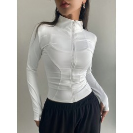 Womens Chic Zipper Front Slim Fit Top - Soft Stretch Mock Neck Long Sleeve - Versatile Seasonal Wardrobe Staple for Spring & Fall