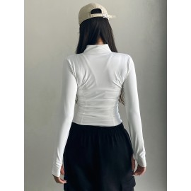 Womens Chic Zipper Front Slim Fit Top - Soft Stretch Mock Neck Long Sleeve - Versatile Seasonal Wardrobe Staple for Spring & Fall
