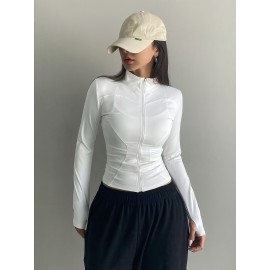 Womens Chic Zipper Front Slim Fit Top - Soft Stretch Mock Neck Long Sleeve - Versatile Seasonal Wardrobe Staple for Spring & Fall