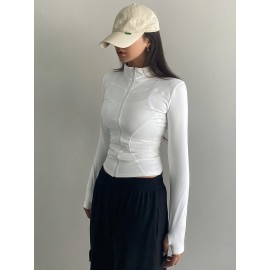 Womens Chic Zipper Front Slim Fit Top - Soft Stretch Mock Neck Long Sleeve - Versatile Seasonal Wardrobe Staple for Spring & Fall