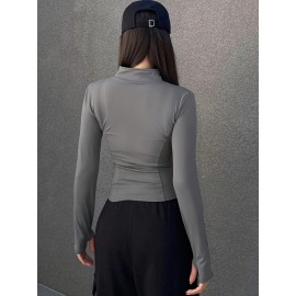 Womens Chic Zipper Front Slim Fit Top - Soft Stretch Mock Neck Long Sleeve - Versatile Seasonal Wardrobe Staple for Spring & Fall