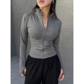 Womens Chic Zipper Front Slim Fit Top - Soft Stretch Mock Neck Long Sleeve - Versatile Seasonal Wardrobe Staple for Spring & Fall