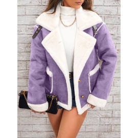 Womens Ultra-Soft Plush Lapel Jacket - Winter Warm Casual Outwear with Stylish Faux Fur Collar - Insulated Comfort, Trendy Design for Versatile Styling