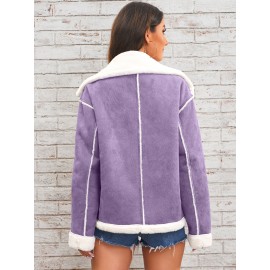 Womens Ultra-Soft Plush Lapel Jacket - Winter Warm Casual Outwear with Stylish Faux Fur Collar - Insulated Comfort, Trendy Design for Versatile Styling