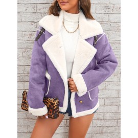 Womens Ultra-Soft Plush Lapel Jacket - Winter Warm Casual Outwear with Stylish Faux Fur Collar - Insulated Comfort, Trendy Design for Versatile Styling