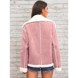 Womens Ultra-Soft Plush Lapel Jacket - Winter Warm Casual Outwear with Stylish Faux Fur Collar - Insulated Comfort, Trendy Design for Versatile Styling