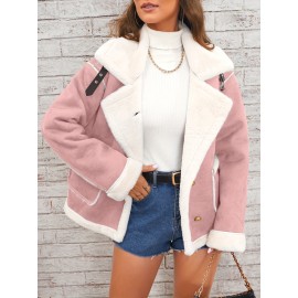 Womens Ultra-Soft Plush Lapel Jacket - Winter Warm Casual Outwear with Stylish Faux Fur Collar - Insulated Comfort, Trendy Design for Versatile Styling