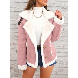 Womens Ultra-Soft Plush Lapel Jacket - Winter Warm Casual Outwear with Stylish Faux Fur Collar - Insulated Comfort, Trendy Design for Versatile Styling