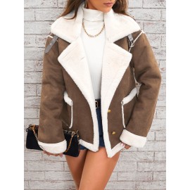 Womens Ultra-Soft Plush Lapel Jacket - Winter Warm Casual Outwear with Stylish Faux Fur Collar - Insulated Comfort, Trendy Design for Versatile Styling
