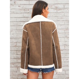 Womens Ultra-Soft Plush Lapel Jacket - Winter Warm Casual Outwear with Stylish Faux Fur Collar - Insulated Comfort, Trendy Design for Versatile Styling