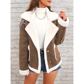 Womens Ultra-Soft Plush Lapel Jacket - Winter Warm Casual Outwear with Stylish Faux Fur Collar - Insulated Comfort, Trendy Design for Versatile Styling