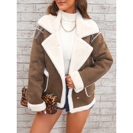 Womens Ultra-Soft Plush Lapel Jacket - Winter Warm Casual Outwear with Stylish Faux Fur Collar - Insulated Comfort, Trendy Design for Versatile Styling