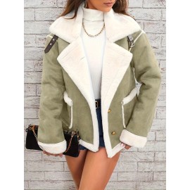 Womens Ultra-Soft Plush Lapel Jacket - Winter Warm Casual Outwear with Stylish Faux Fur Collar - Insulated Comfort, Trendy Design for Versatile Styling