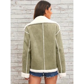 Womens Ultra-Soft Plush Lapel Jacket - Winter Warm Casual Outwear with Stylish Faux Fur Collar - Insulated Comfort, Trendy Design for Versatile Styling