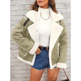 Womens Ultra-Soft Plush Lapel Jacket - Winter Warm Casual Outwear with Stylish Faux Fur Collar - Insulated Comfort, Trendy Design for Versatile Styling