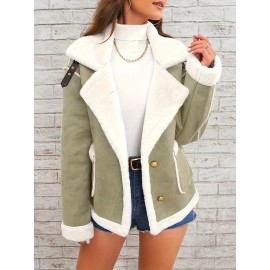 Womens Ultra-Soft Plush Lapel Jacket - Winter Warm Casual Outwear with Stylish Faux Fur Collar - Insulated Comfort, Trendy Design for Versatile Styling