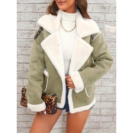 Womens Ultra-Soft Plush Lapel Jacket - Winter Warm Casual Outwear with Stylish Faux Fur Collar - Insulated Comfort, Trendy Design for Versatile Styling
