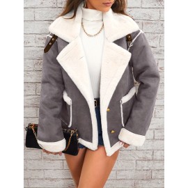 Womens Ultra-Soft Plush Lapel Jacket - Winter Warm Casual Outwear with Stylish Faux Fur Collar - Insulated Comfort, Trendy Design for Versatile Styling