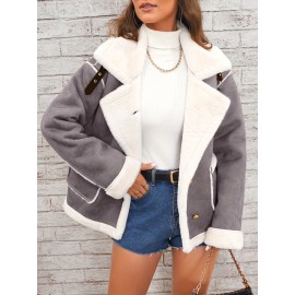 Womens Ultra-Soft Plush Lapel Jacket - Winter Warm Casual Outwear with Stylish Faux Fur Collar - Insulated Comfort, Trendy Design for Versatile Styling