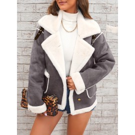 Womens Ultra-Soft Plush Lapel Jacket - Winter Warm Casual Outwear with Stylish Faux Fur Collar - Insulated Comfort, Trendy Design for Versatile Styling