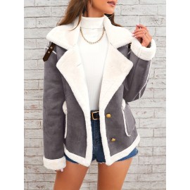 Womens Ultra-Soft Plush Lapel Jacket - Winter Warm Casual Outwear with Stylish Faux Fur Collar - Insulated Comfort, Trendy Design for Versatile Styling
