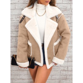 Womens Ultra-Soft Plush Lapel Jacket - Winter Warm Casual Outwear with Stylish Faux Fur Collar - Insulated Comfort, Trendy Design for Versatile Styling