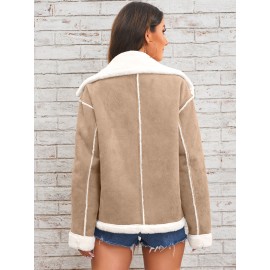 Womens Ultra-Soft Plush Lapel Jacket - Winter Warm Casual Outwear with Stylish Faux Fur Collar - Insulated Comfort, Trendy Design for Versatile Styling