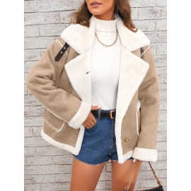 Womens Ultra-Soft Plush Lapel Jacket - Winter Warm Casual Outwear with Stylish Faux Fur Collar - Insulated Comfort, Trendy Design for Versatile Styling