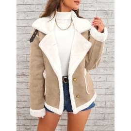 Womens Ultra-Soft Plush Lapel Jacket - Winter Warm Casual Outwear with Stylish Faux Fur Collar - Insulated Comfort, Trendy Design for Versatile Styling