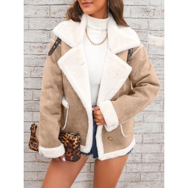 Womens Ultra-Soft Plush Lapel Jacket - Winter Warm Casual Outwear with Stylish Faux Fur Collar - Insulated Comfort, Trendy Design for Versatile Styling