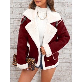 Womens Ultra-Soft Plush Lapel Jacket - Winter Warm Casual Outwear with Stylish Faux Fur Collar - Insulated Comfort, Trendy Design for Versatile Styling