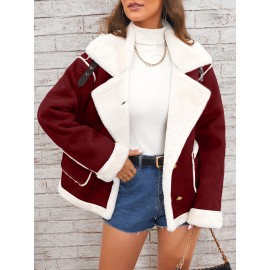 Womens Ultra-Soft Plush Lapel Jacket - Winter Warm Casual Outwear with Stylish Faux Fur Collar - Insulated Comfort, Trendy Design for Versatile Styling