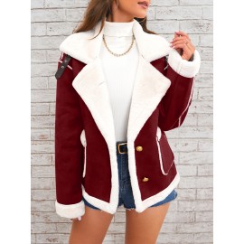 Womens Ultra-Soft Plush Lapel Jacket - Winter Warm Casual Outwear with Stylish Faux Fur Collar - Insulated Comfort, Trendy Design for Versatile Styling